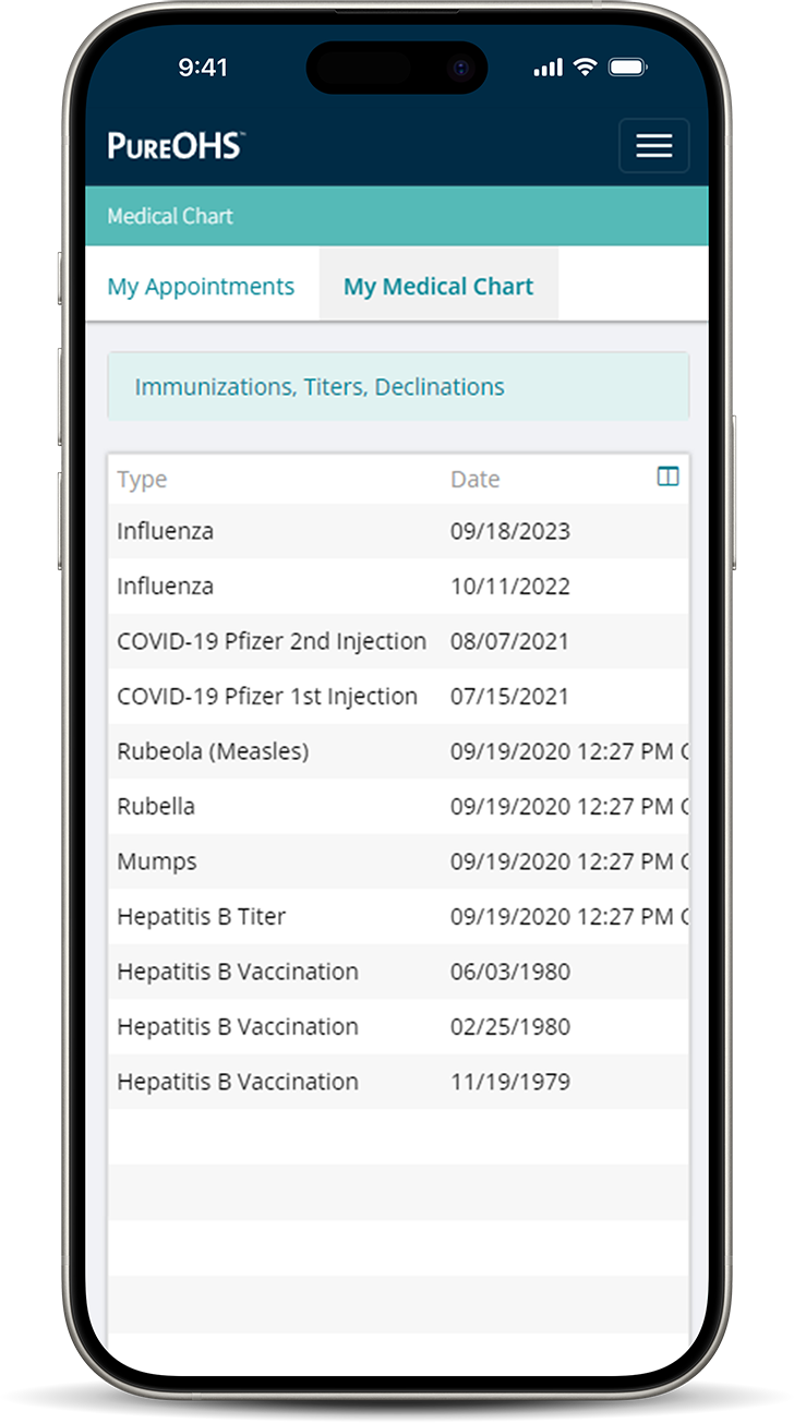 PureOHS™ list of Immunization schedule on a mobile phone